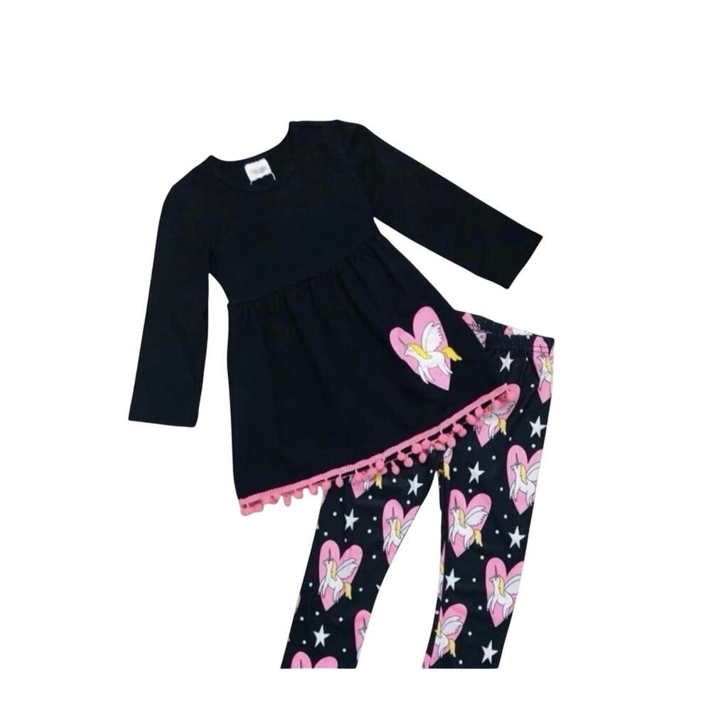 Unicorn Girls Long Sleeve Black Tunic Leggings Outfit Set Hearts 3T toddlers NWT